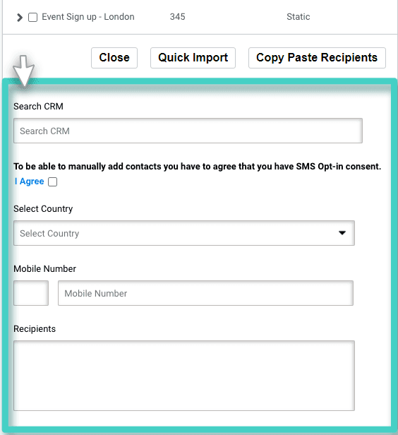 SMS CRM search option SMS campaign recipients. Add recipients manually extension. Search CRM option