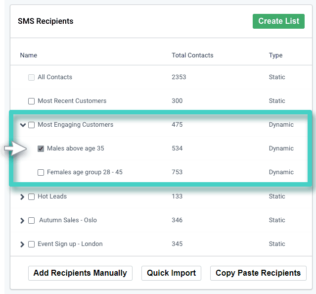 SMS recipients sub list SMS campaign recipients. Lists overview. A sub list is highlighted