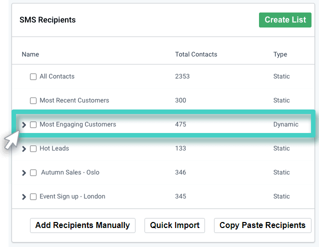 SMS recipients list overview SMS campaign recipients. Lists overview. A list is highlighted