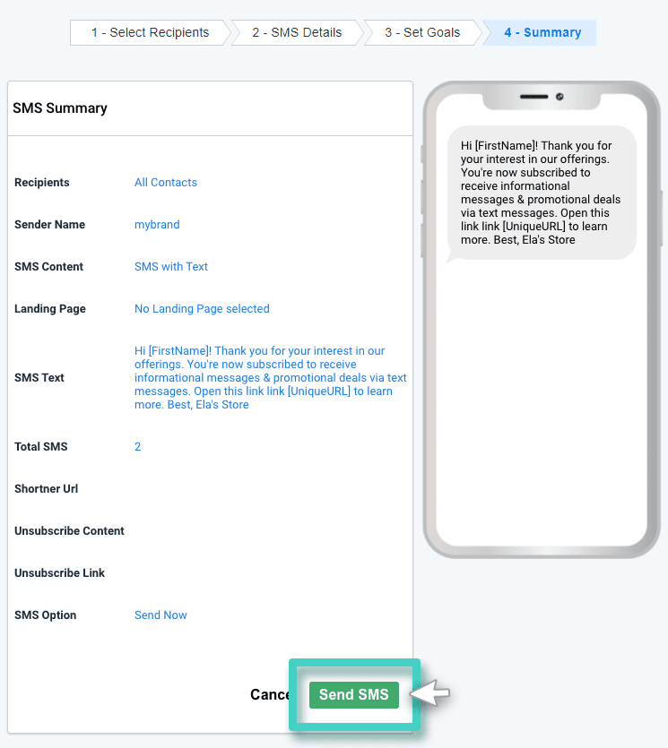 SMS summary page SMS campaign sending, SMS summary. The send SMS button is highlighted