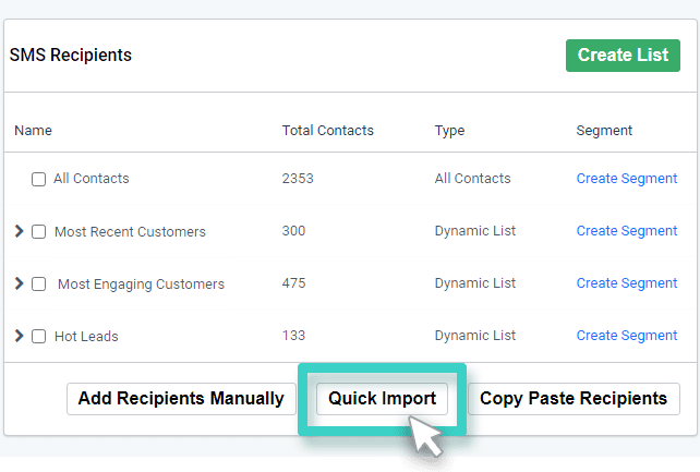 SMS Quick Import Option SMS Quick Import option. Quick Import is highlighted
