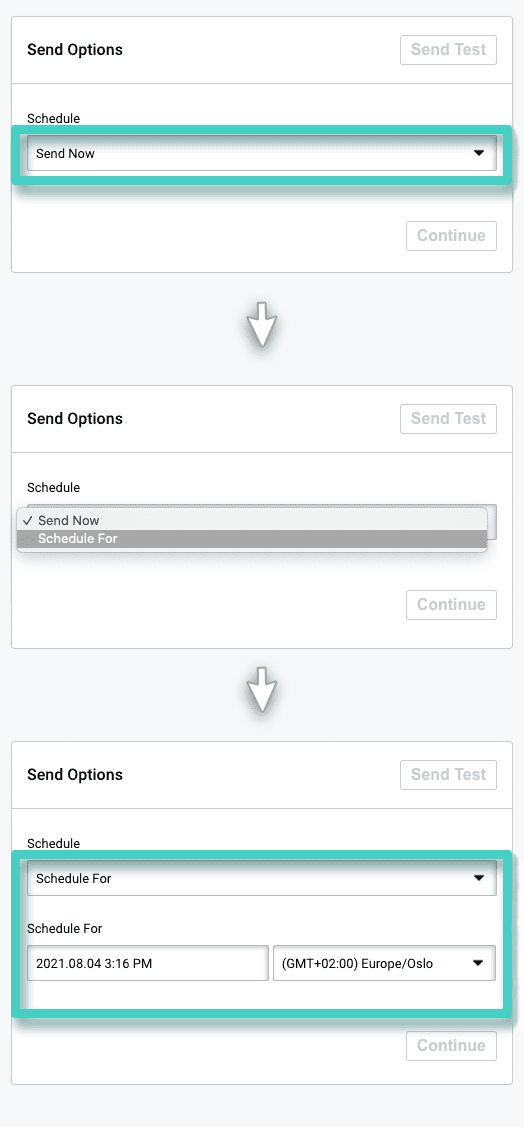 Schedule SMS sending SMS campaign sending, send options. Send now or schedule for later