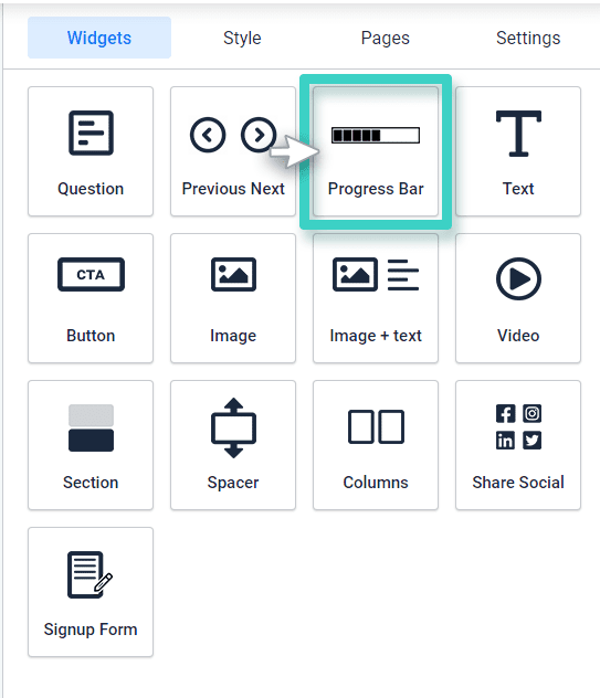 Survey progress bar widget Survey progress bar. The progress bar widget is highlighted