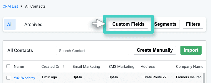 CRM, all contacts. Custom fields button highlighted