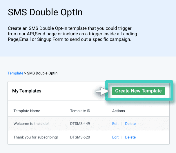 SMS campaign double opt-in. The create new template button is highlighted