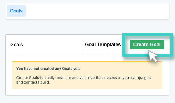 Landing page performance goals. The create goal button is highlighted