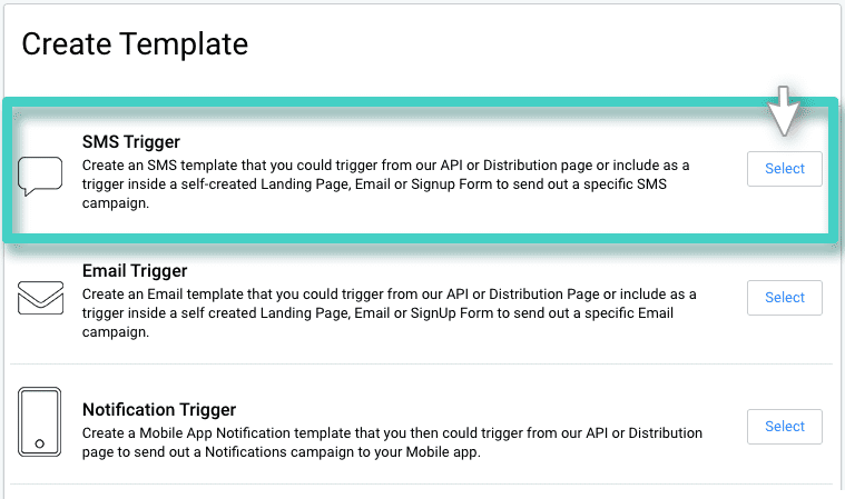 SMS trigger templates. The SMS trigger button is highlighted