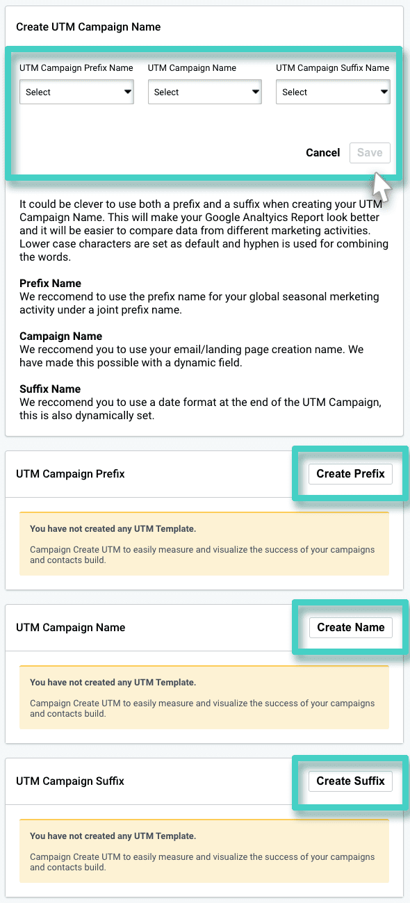 Create UTM template. Create UTM campaign name, prefix and suffix 