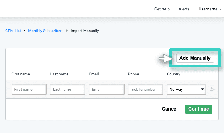 CRM adding contact, import manually. Add manually button is highlighted