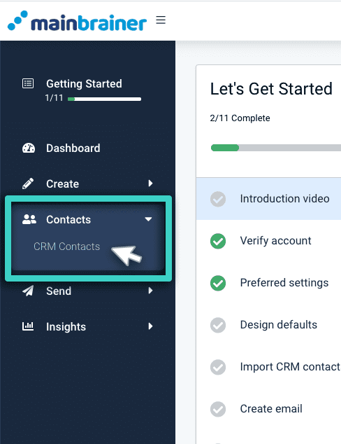 CRM import, contacts menu. CRM contacts highlighted
