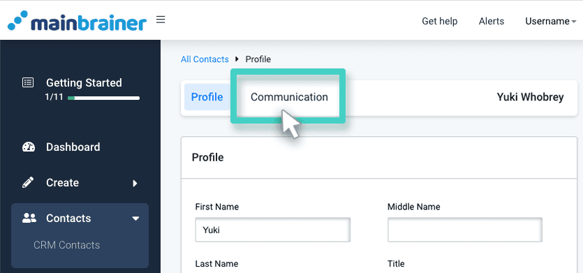 CRM, contact profile. Communication button highlighted