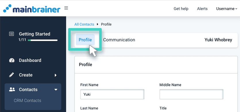 CRM, contact profile. Profile button highlighted