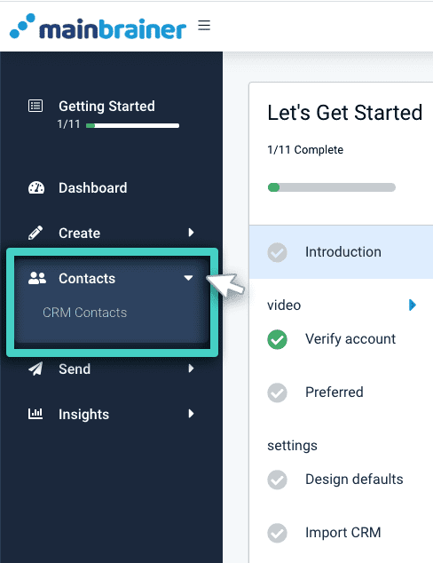 Enter CRM. Contacts menu, CRM contacts is highlighted
