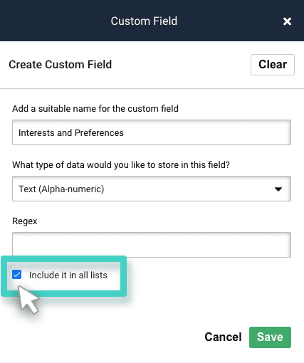 CRM custom fields, create custom field. Include in all lists checkbox is highlighted