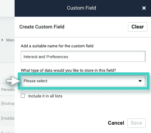 CRM custom fields, create custom field. The data type field is highlighted