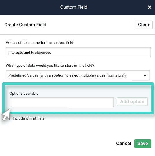 Create custom field. The predefined values with multiple values is selected