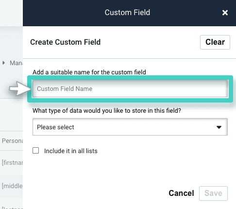 CRM custom fields, create custom field. The name field is highlighted