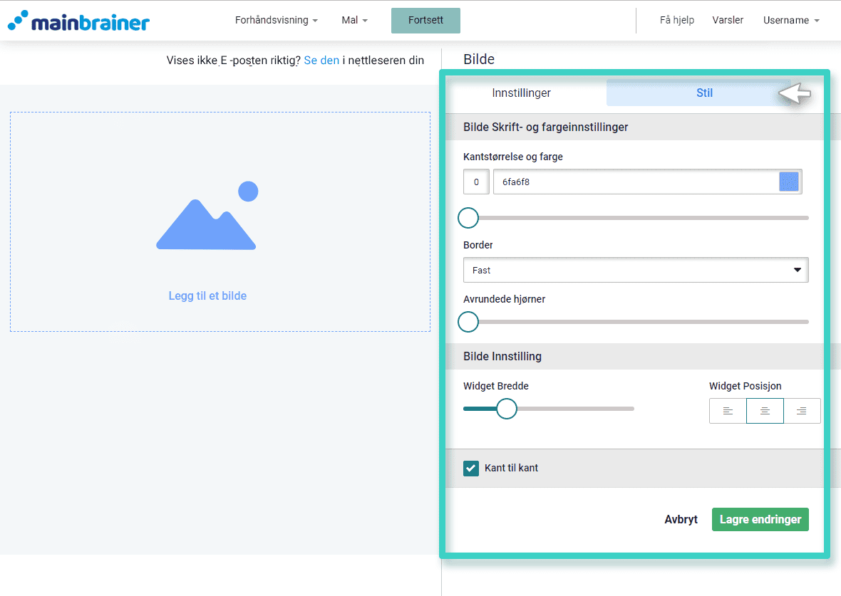 Image widget styling E-postskaper, stilinnstillinger for bildewidget