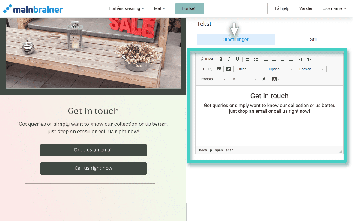 E-postskaper, tekstwidget. Innstillinger-fanen for tekstwidget er uthevet