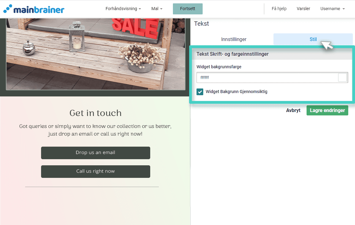 E-postskaper, tekstwidget. Tekstwidgetstilfanen er uthevet
