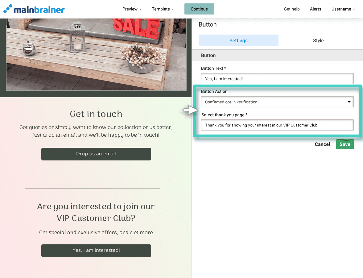 Email button settings tab, action set to confirmed opt-in verification
