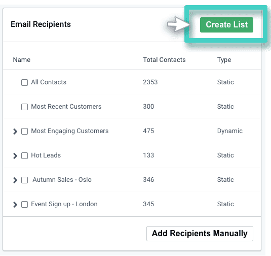 Email sending, select recipients. The create list button is highlighted