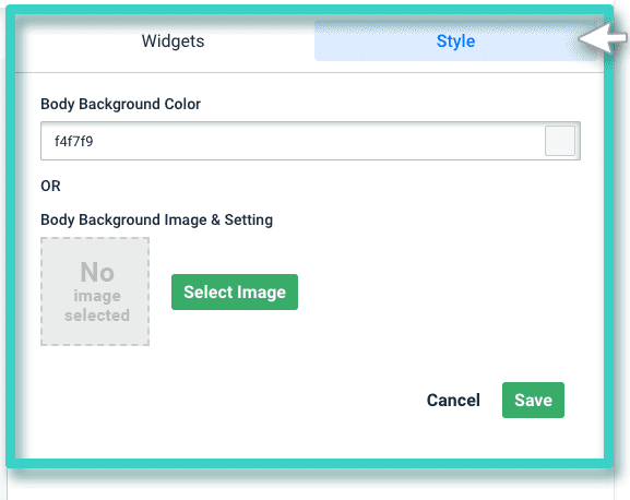 Email creator, widget settings with the style button highlighted 