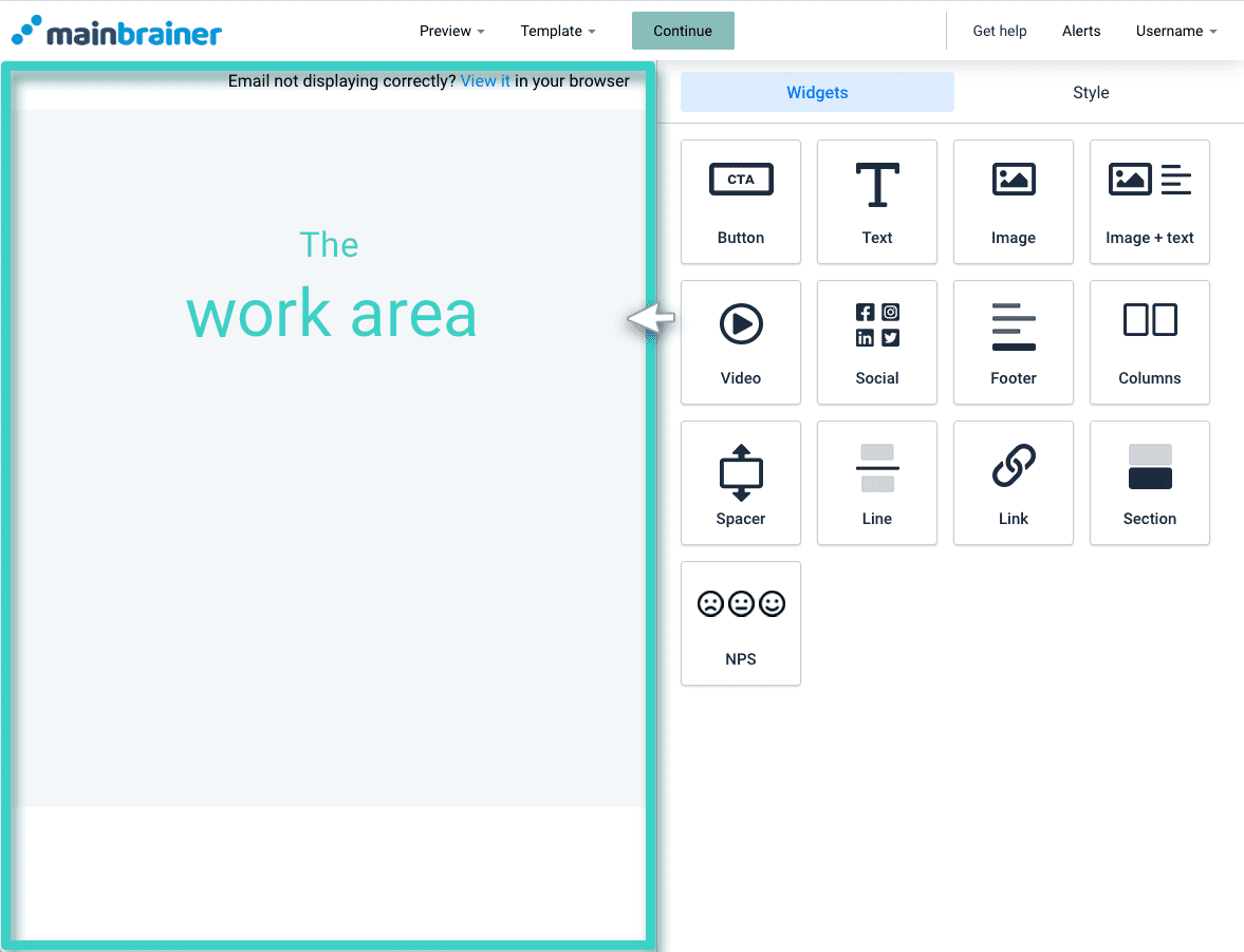 Email creator, button widget. The work area is highlighted