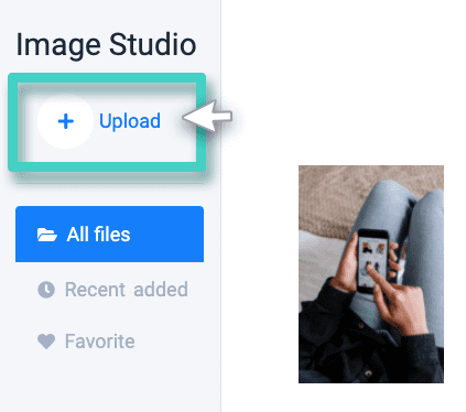 Email creator, image studio. The upload button is highlighted