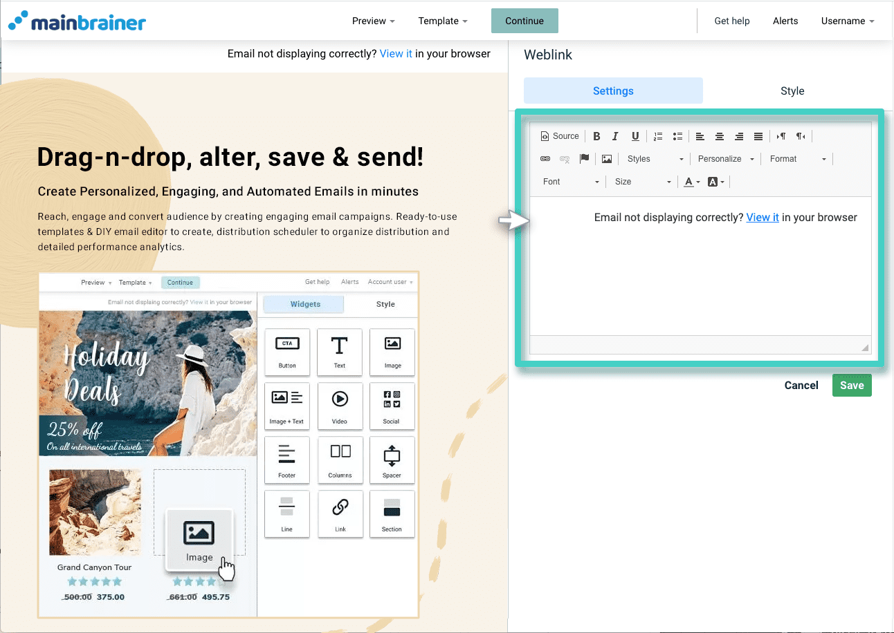 Email creator, link widget settings tab. The text editor is highlighted