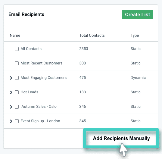 Email recipients list. The add recipients manually button is highlighted