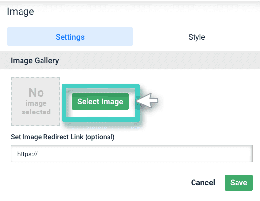 Email creator, image widget. The select image button is highlighted