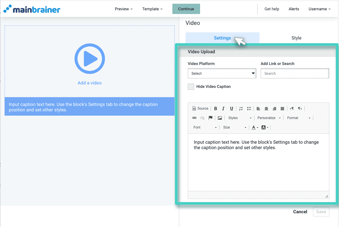 Email creator, video widget. The video widget settings tab is highlighted