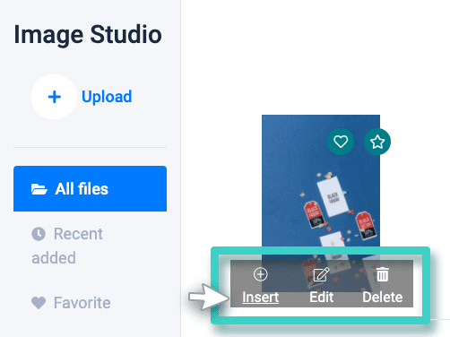 Email creator, image studio.The image actions are insert, edit or delete
