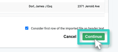 MainBrainer CRM import contacts, preview tab. The continue button is highlighted