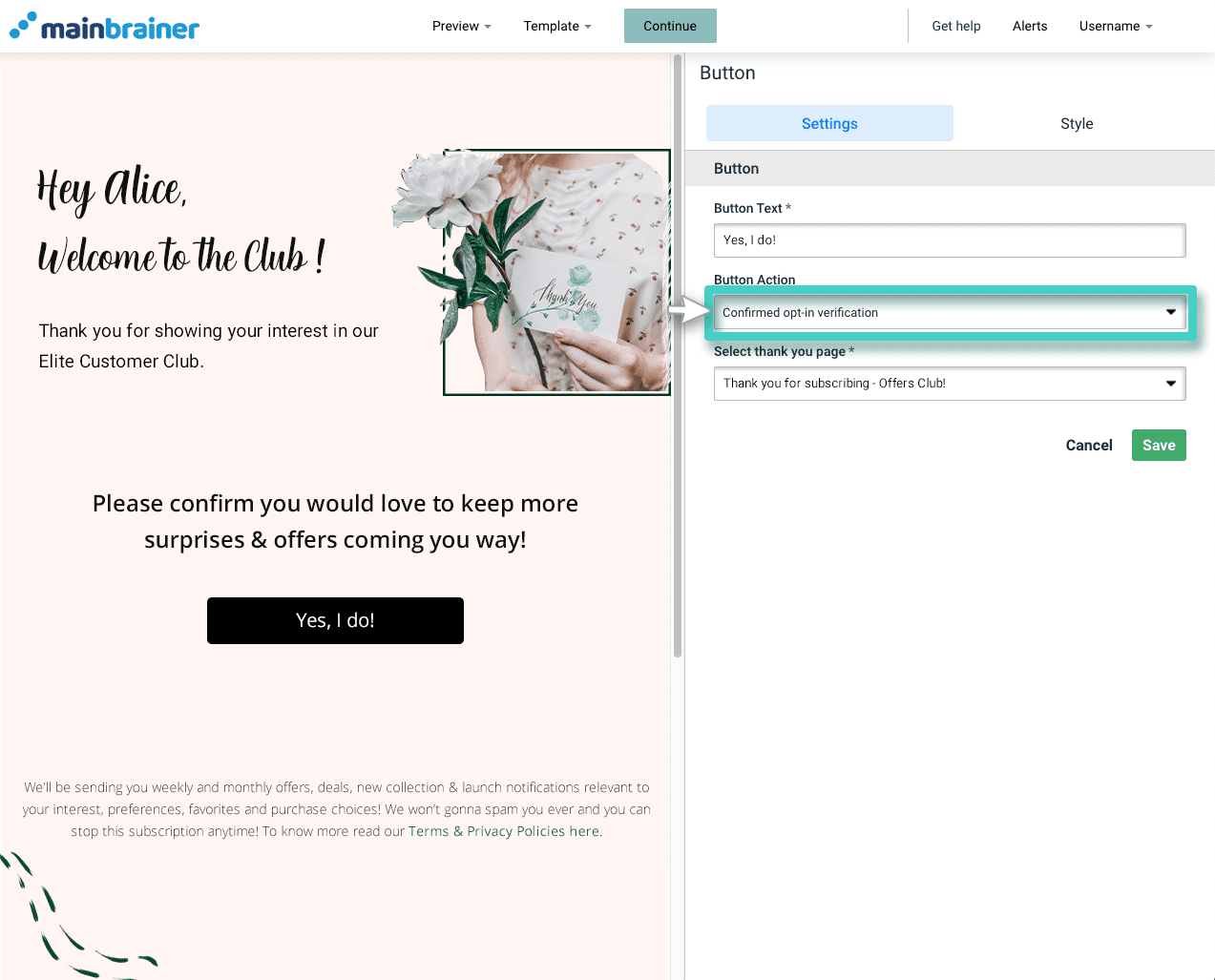 Double opt in SMS sign ups, button settings. Button action field highlighted