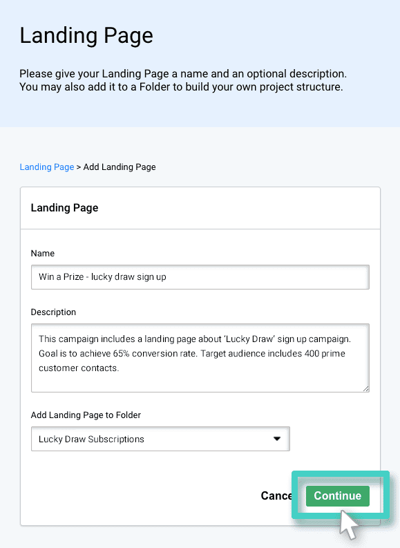 Landing page builder, create name and description. Continue button highlighted