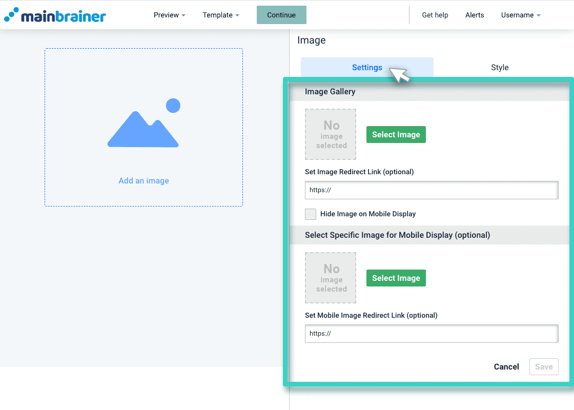 Landing page image widget. The settings tab is highlighted