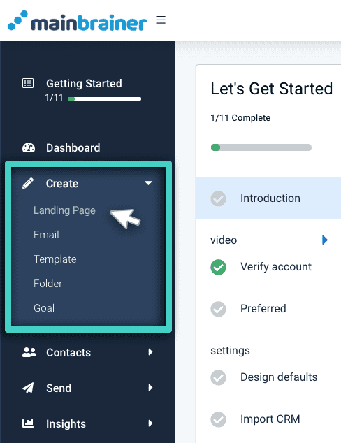 Double opt in SMS sign ups, create menu. Landing page is highlighted