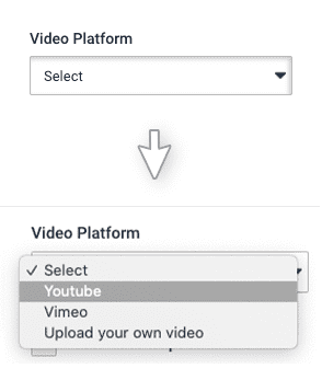 Landing page video widget. Select video platform. Youtube is selected