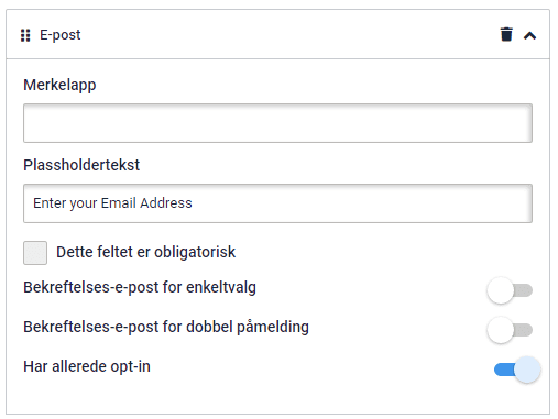 Regler for kunderegistrering, innstillinger for e-postfelt