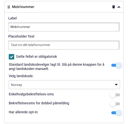 Regler for kunderegistrering, feltinnstillinger for mobilnummer