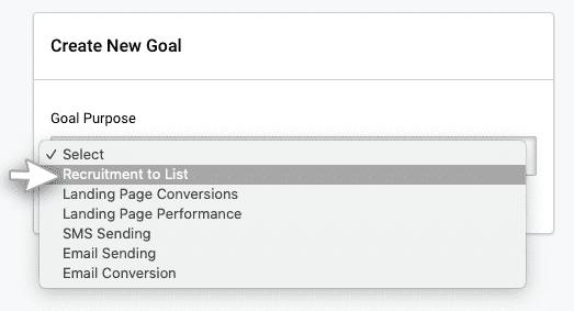 List goals, create new goal. Dropdown menu for goal purpose