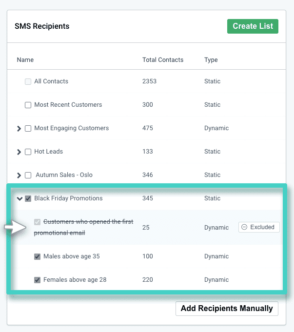 Marketing campaign, excluding contacts. SMS recipients lists. Excluded mark is highlighted