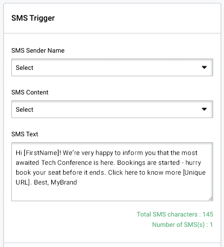 SMS trigger templates. Select sender name, content and text
