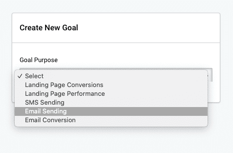 Email sending goals, previous campaign. Select goal purpose form a dropdown menu