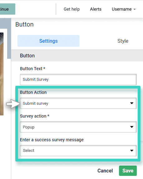 Survey redirect button. Submit popup action is highlighted