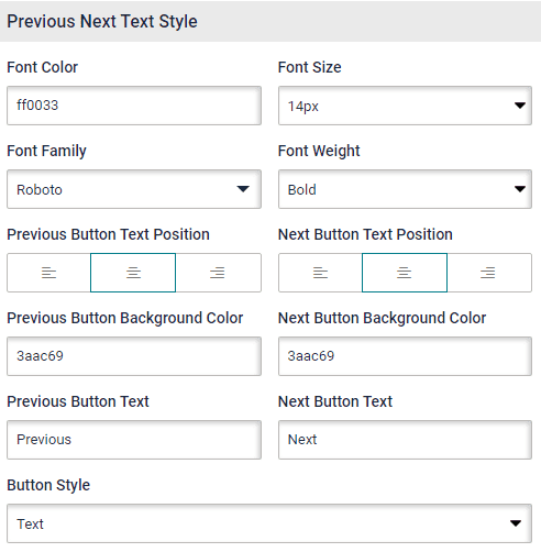 Survey Previous/Next Text style. Text style setting is visible