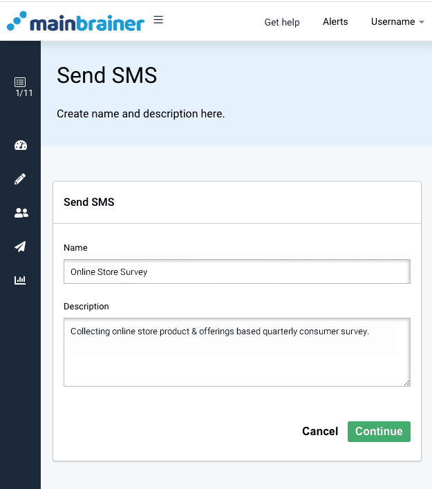 SMS with Survey, send SMS options. Create name and description