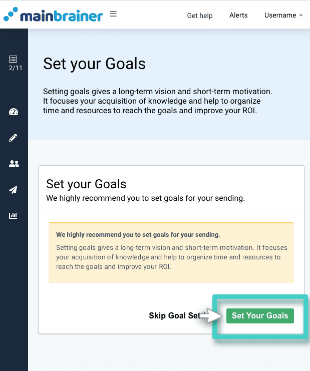 SMS with Survey, set campaign goals. Goals button highlighted